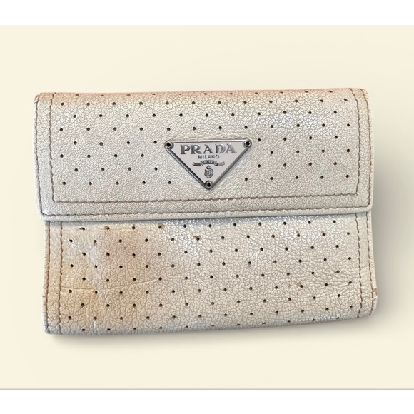 PRADA Handbags - Prada Off-White Perforated Leather Compact Snap Wallet